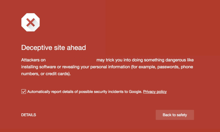 Red screen with the deceptive site warning message on Google Chrome