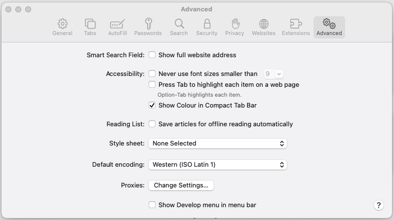 The Advanced tab in Safari, ticking the "Show Colour in Compact Tab Bar" box