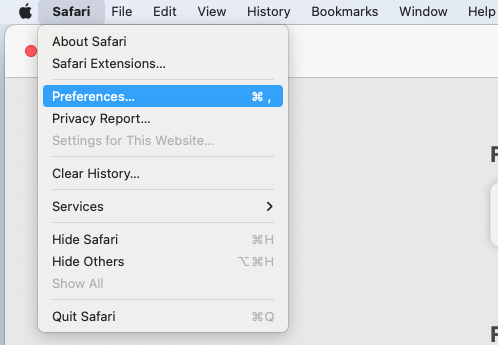 Safari menu, highlighting the "Preferences" option