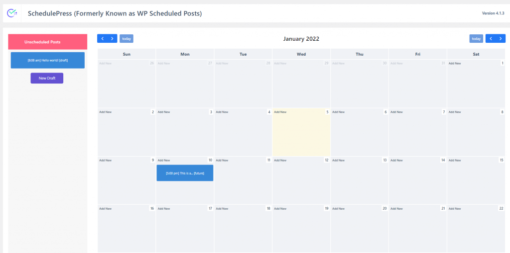 The calendar to schedule posts in the SchedulePress plugin.