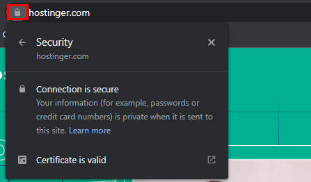 Example of an SSL certificate on Hostinger's website - highlighting the padlock icon in the browser bar.