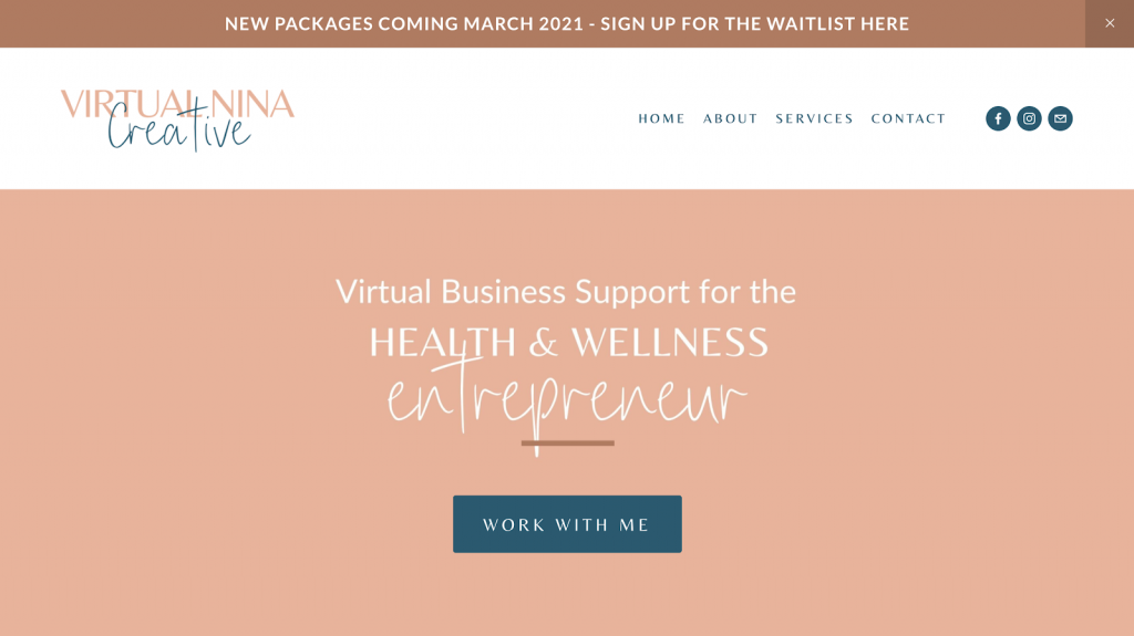 Virtual Nina health and wellness entrepreneur homepage. 