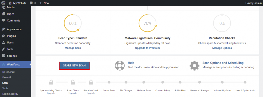 Start new scan button on the WordPress dashboard