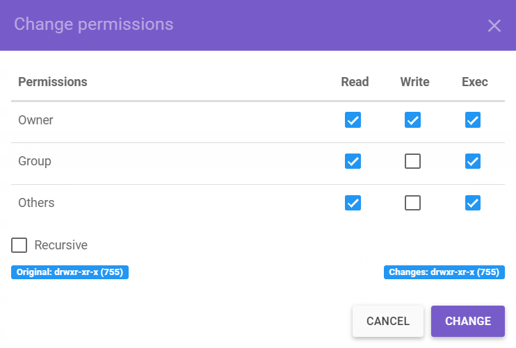 Screenshot of the WordPress permissions tab