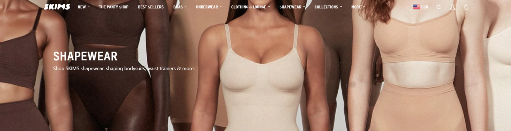 A page on the SKIMS website showing a diverse group of women wearing different styles and colors of shapewear.
