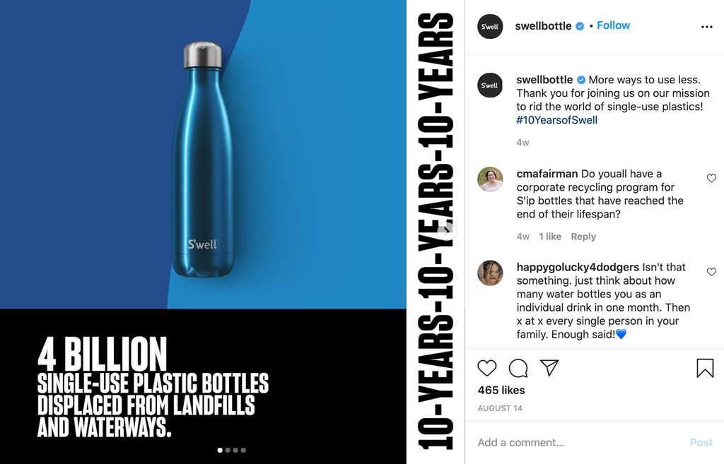 An Instagram post by the brand S'well showing a picture of their water bottle and a text saying "4 billion single-use plastic bottles displaced from landfills and water ways".