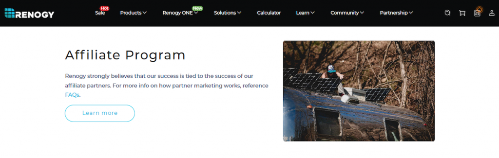 The Affiliate Program page on Renogy's website which has a text saying "Renogy strongly believes that our success is tied to the success of our affiliate partners" and a photo of a man setting up solar panels.