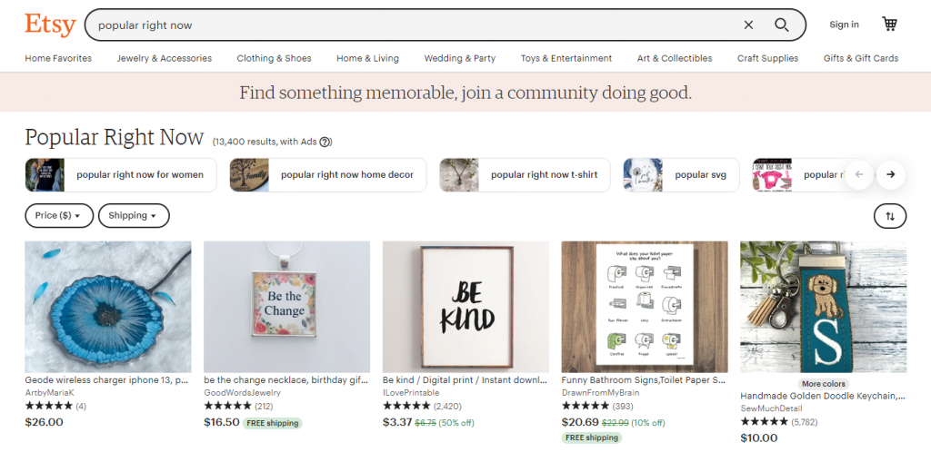 The Popular Right Now page on the Etsy website