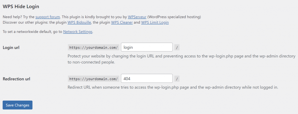 The WPS Hide Login settings on the WordPress dashboard
