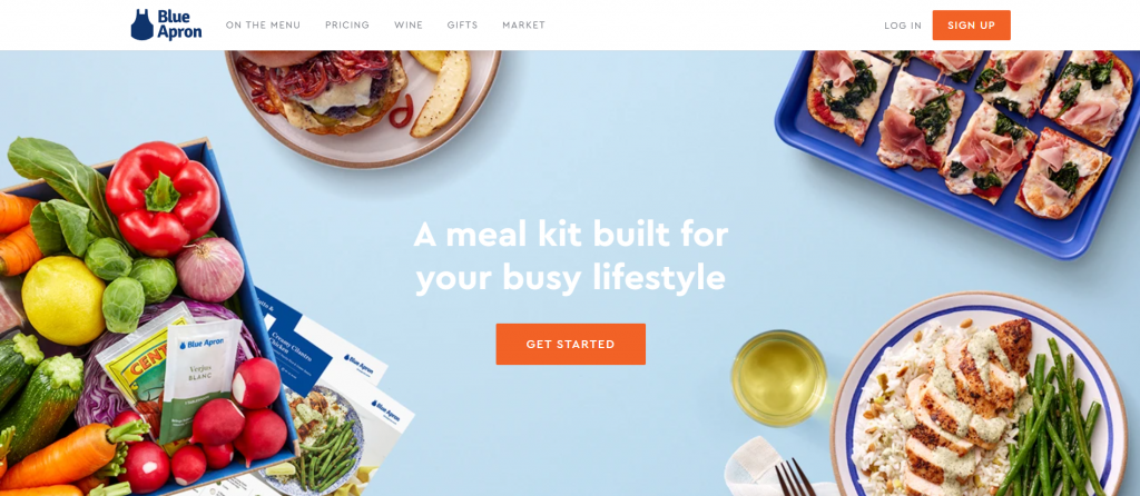 The homepage of Blue Apron, a meal kit subscription service