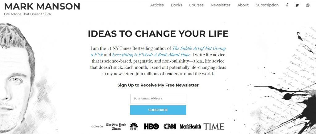 The homepage of Mark Manson's website
