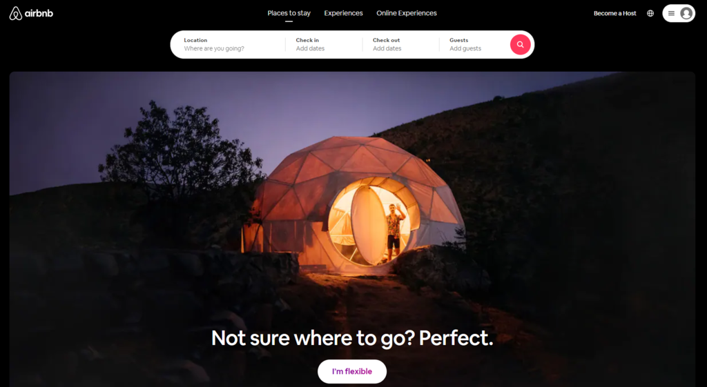 Airbnb's homepage as an user experience design example.