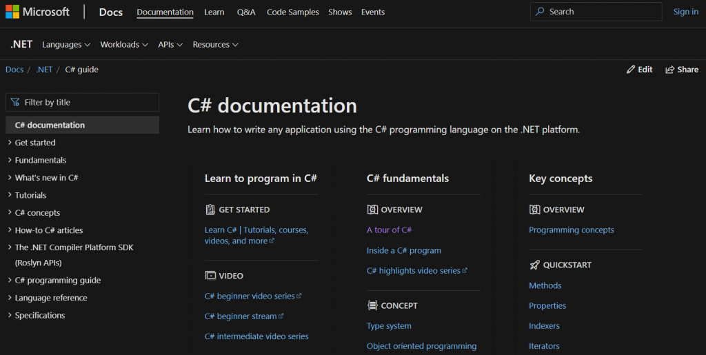 C# documentation.