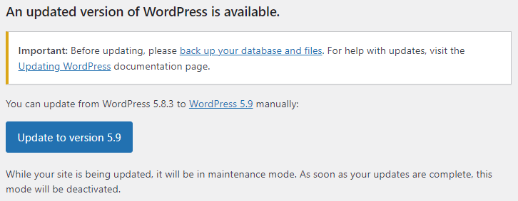The update notification and button in the WordPress dashboard