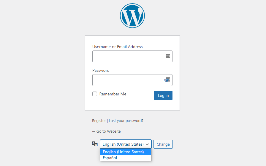 WordPress login page using the language selector feature.