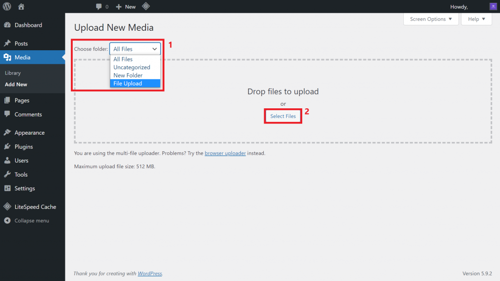 a screenshot of the WordPress Dashboard's Upload New Media