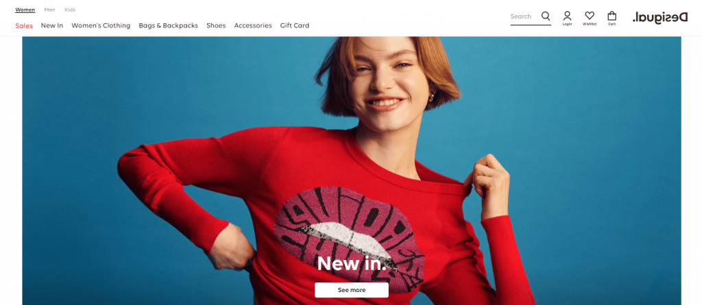 Desigual homepage as an example of website using a colorful background for product photography