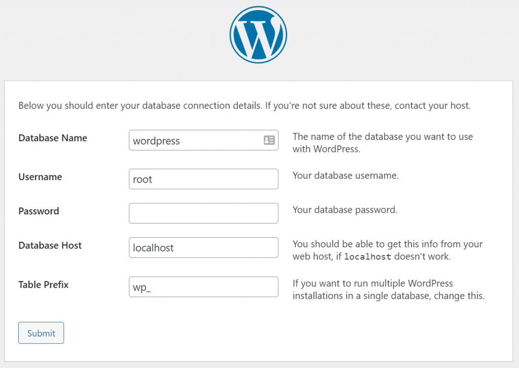 Entering your database connection details to start setting up WordPress.
