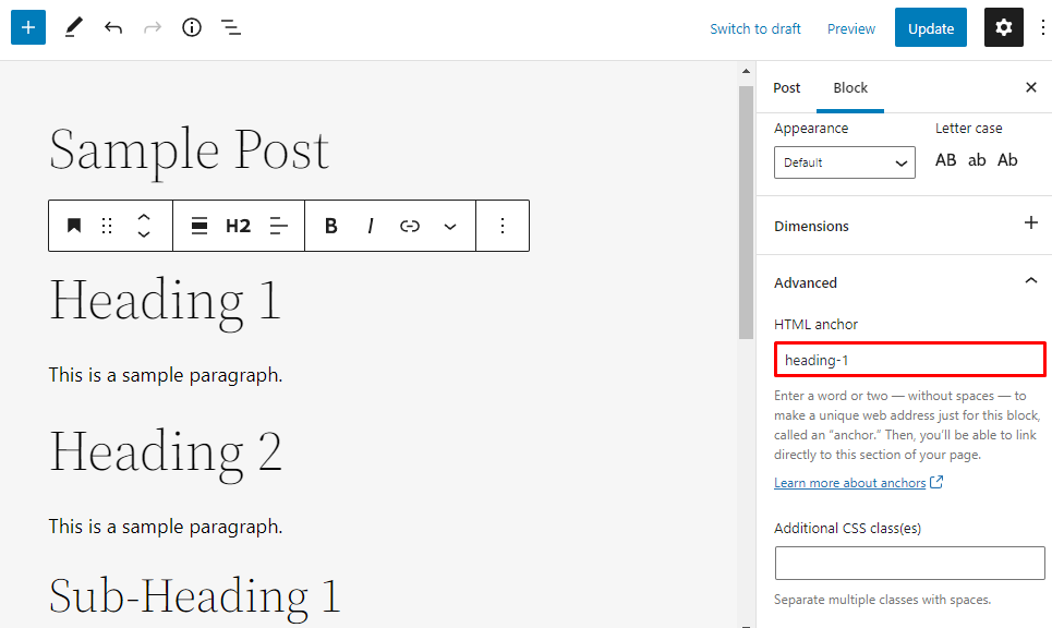 Inserting an HTML anchor in the WordPress editor