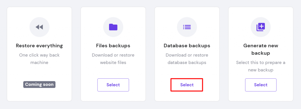 Database backups option on hPanel