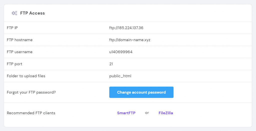 FTP Access information on hPanel.