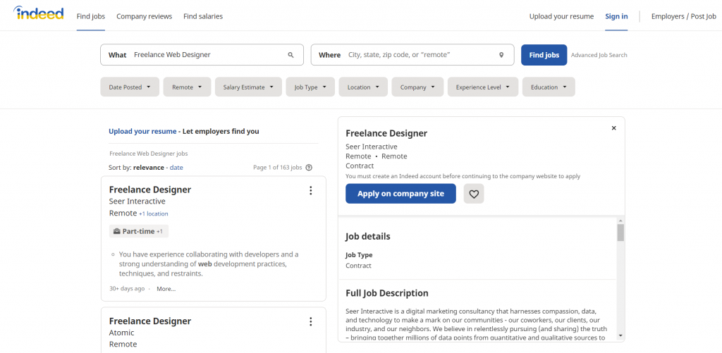 Indeed's website for searching freelance work