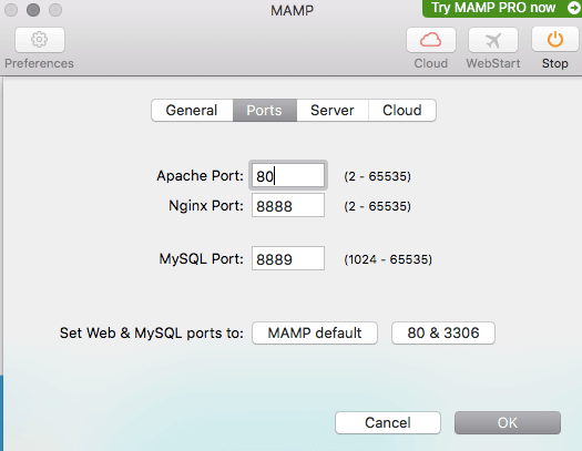 Setting MAMP Apache Port to 80.