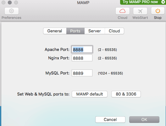 The Ports tab under the MAMP Preferences.