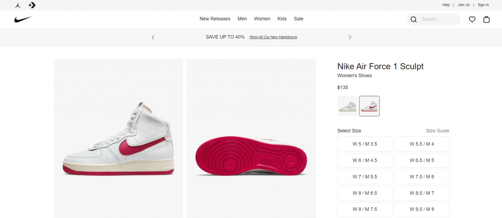 Nike product page as an example of a site using different angles to take product photos