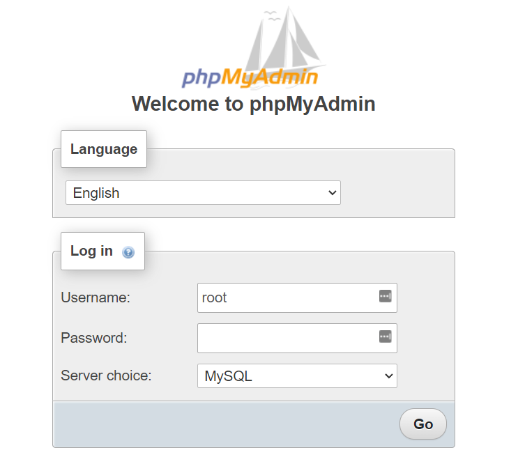 The Welcome to phpMyAdmin window.
