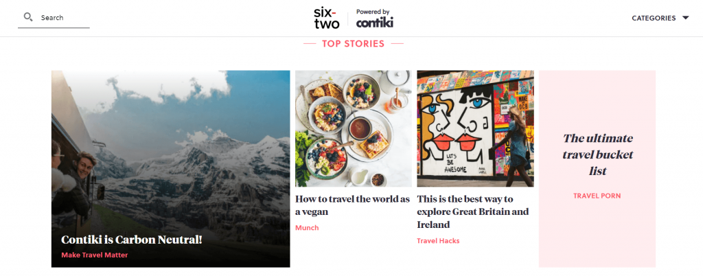 Homepage of the travel blog Six-Two, an example of good UI and UX principles