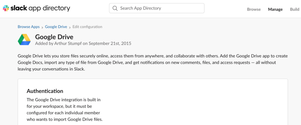 Slack app integration with Google Drive.
