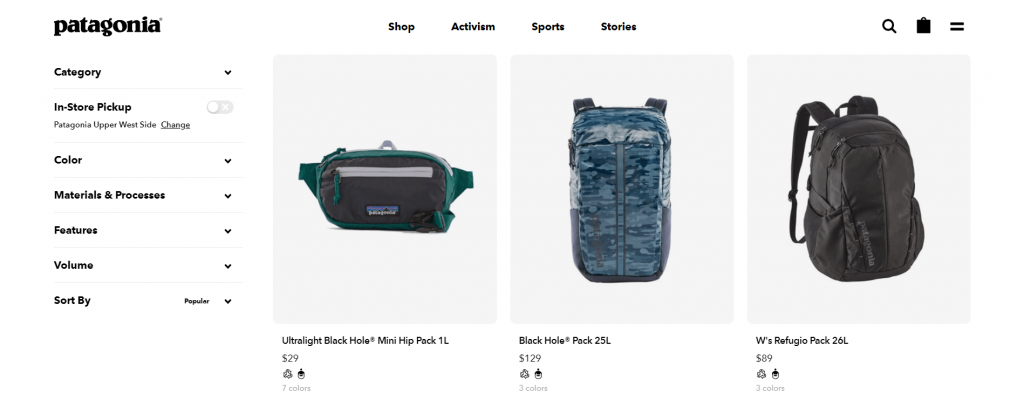 The Patagonia product page as an example of a website using a solid background for its product photos