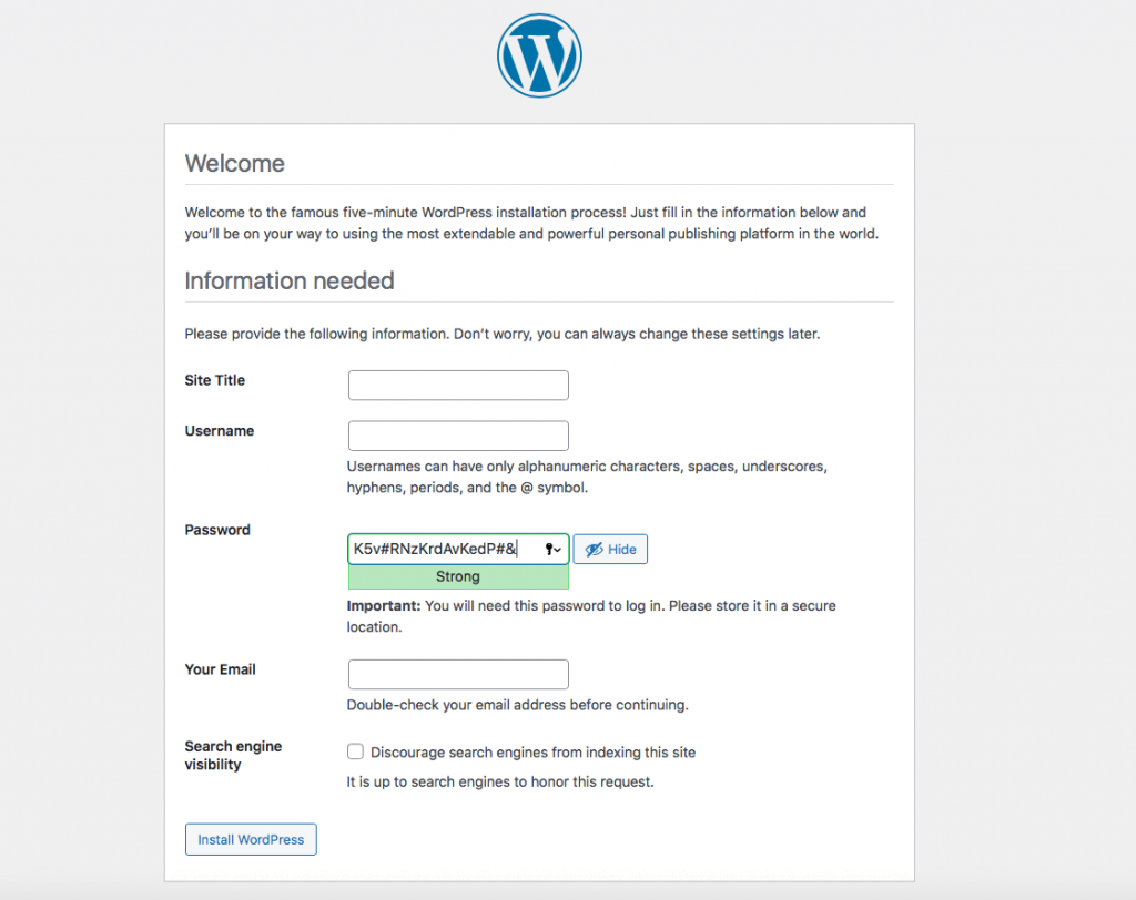 The famous five-minutes WordPress installation process.