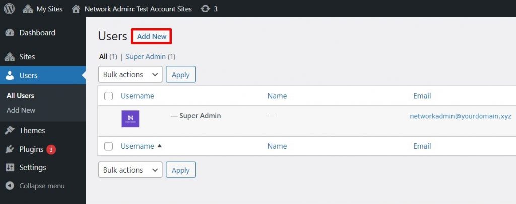 The location of the Add New button in the Users settings page of the network admin dashboard.