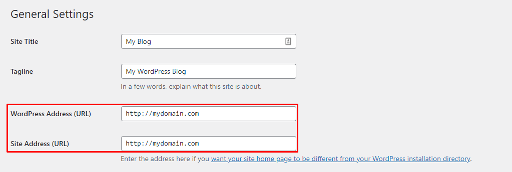 WordPress Address (URL) and Site Address (URL) under the General Settings menu on WordPress