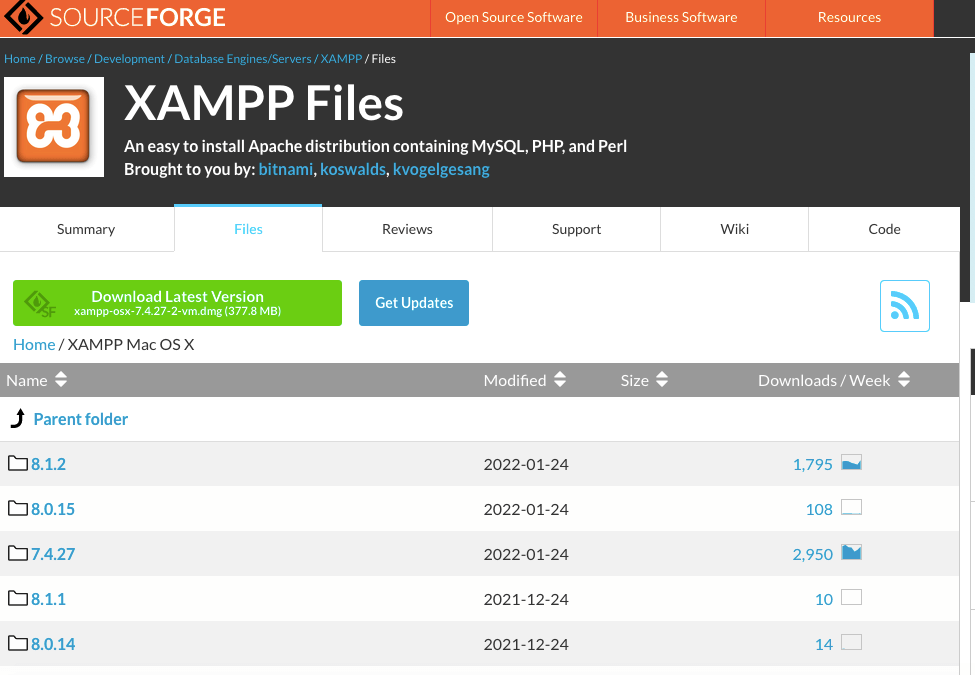 Getting a downloadable file of the latest version of XAMPP.