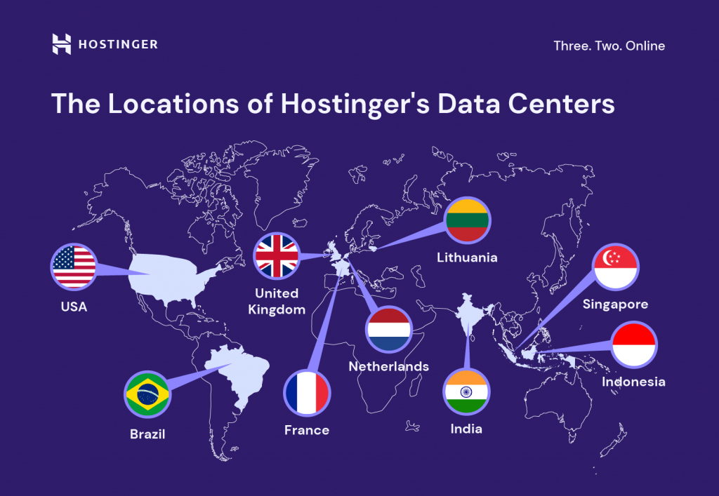 The locations of Hostinger's data centers around the world.