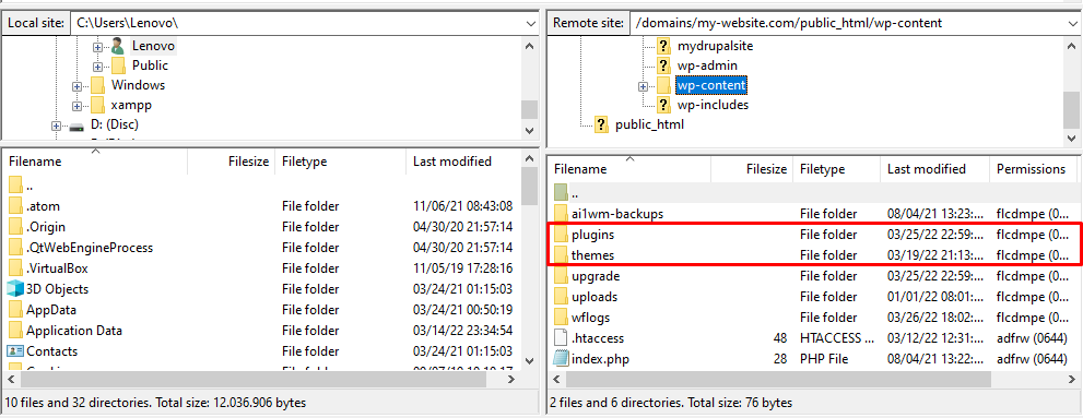 The wp content themes and plugins folders in FTP client