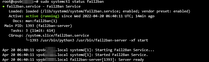 Terminal output showing that Fail2Ban status is active