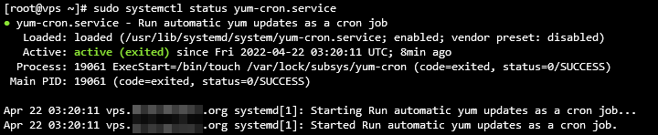 Terminal output indicating that yum-cron.service is active