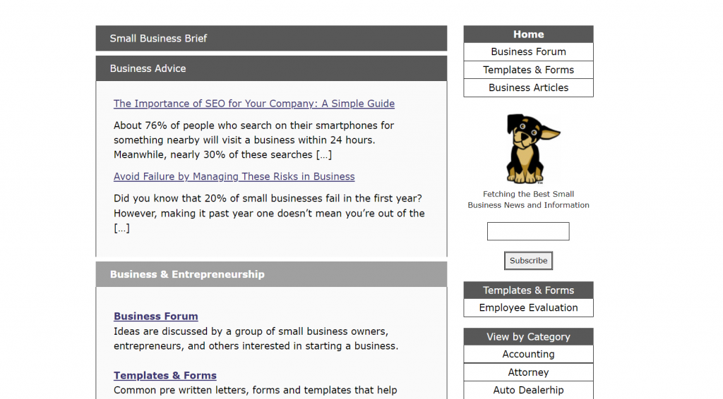 Homepage of Small Business Brief, an entrepreneurship blog that provides business document templates