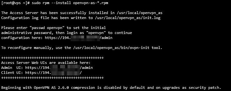 Terminal output indicating that OpenVPN installation complete