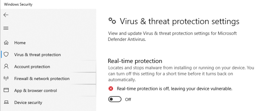 The Real-time protection menu on Windows Defender