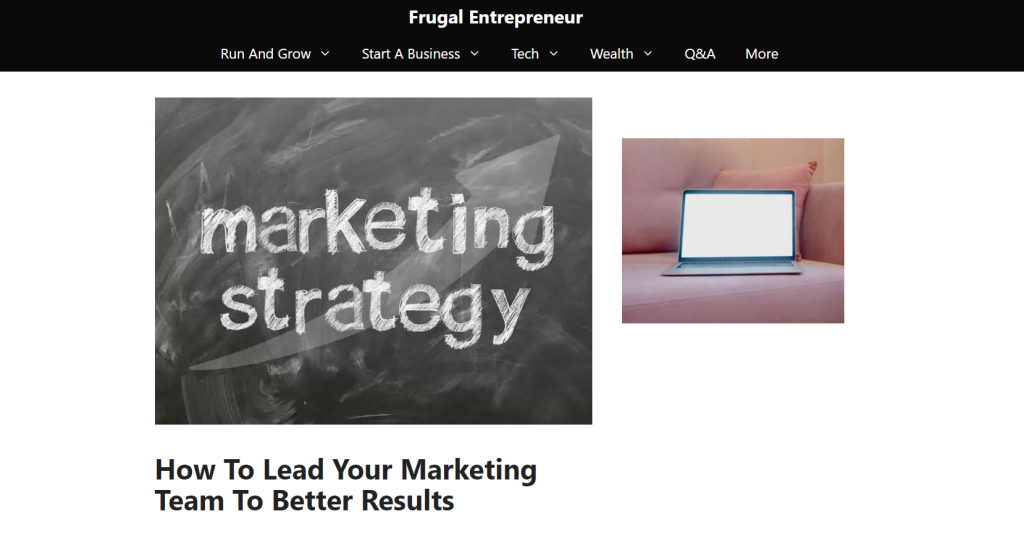 The homepage of Frugal Entrepreneur, an entrepreneurship blog that provides a comprehensive guide for building a business