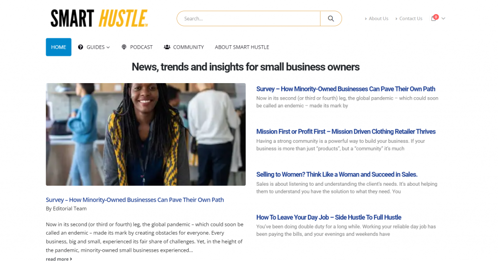 The homepage of Smart Hustle, an entrepreneurship blog that provides startup guidelines
