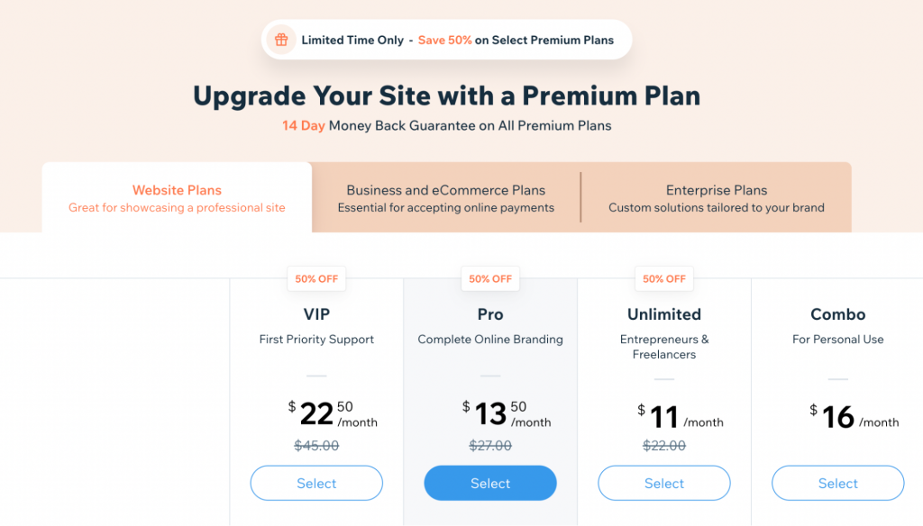Wix website plans and prices