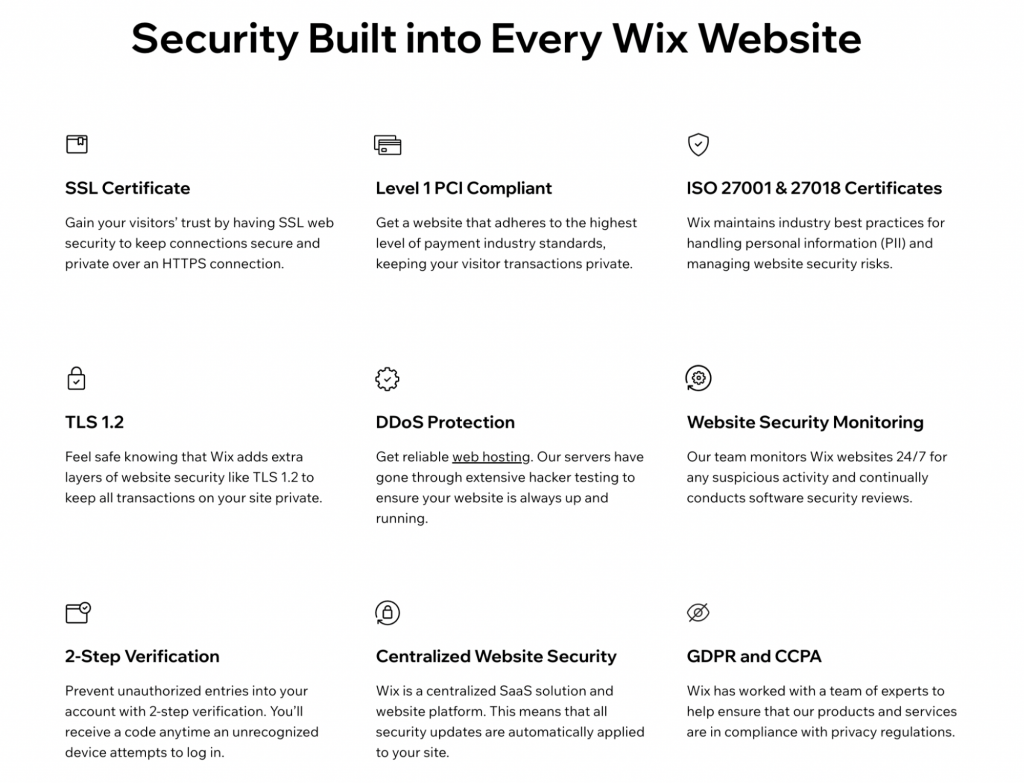 Showcasing security features in Wix including DDoS protection and website security monitoring