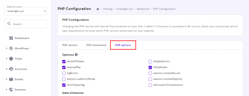 The PHP options tab in the PHP configuration in hPanel