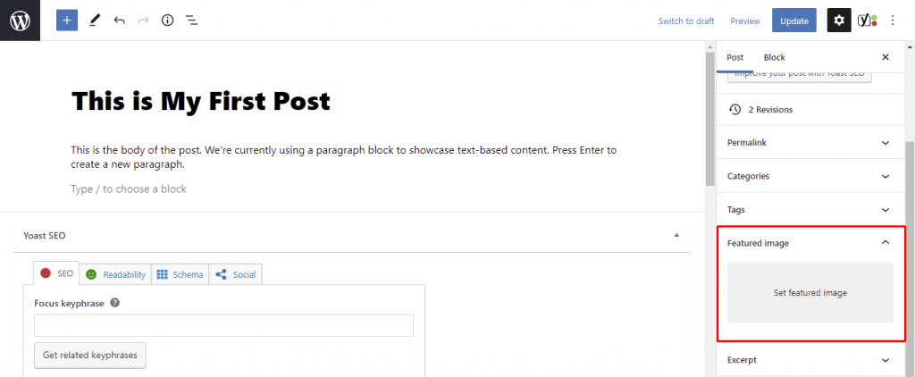 The featured image section where users can set one up for the post